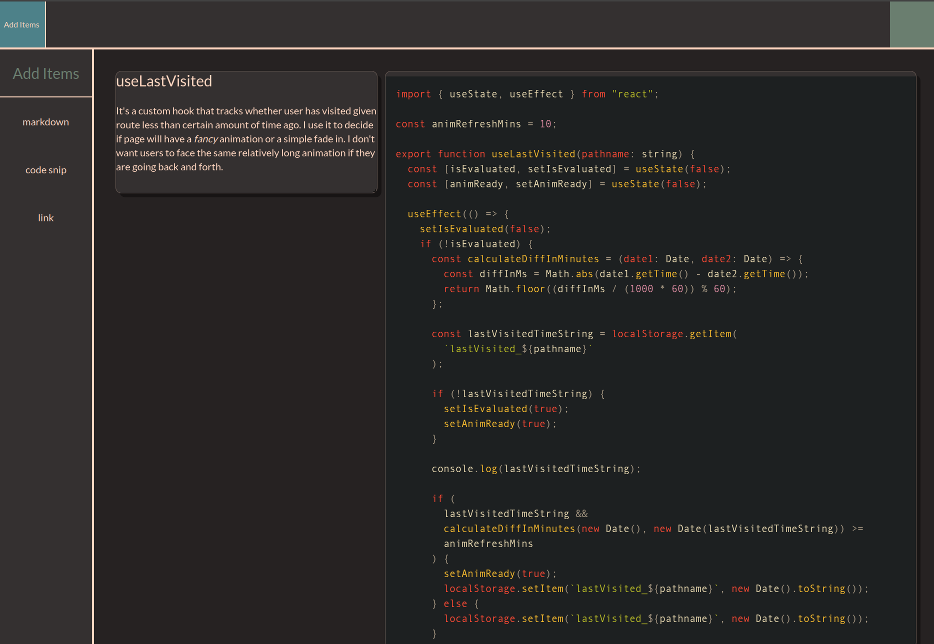 A canvas with markdown and code snippet blocks