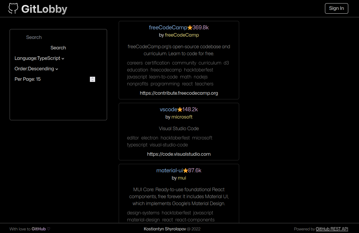 GitLobby search results with infinite scroll